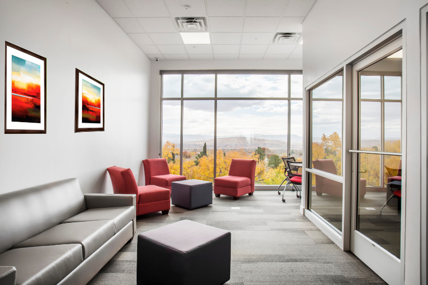 Spacious study areas with comfortable seating in the 605 Place student housing in St. George.