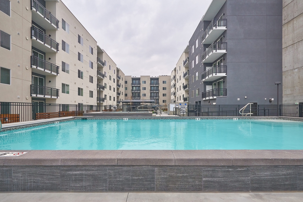 Outdoor pool in the central courtyard at the Milagro Apartments in Salt Lake City