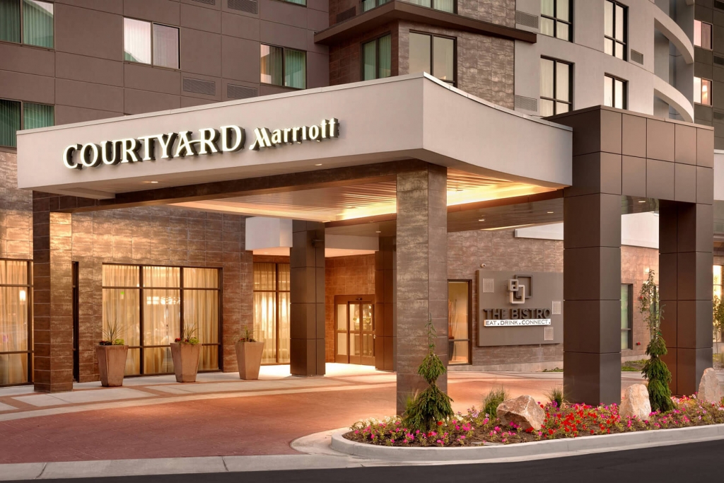 Front entryway and portico at the Courtyard Marriott in Salt Lake City