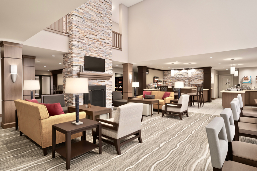 Central lounge and fireplace in the lobby of the Staybridge Suites in Phoenix.