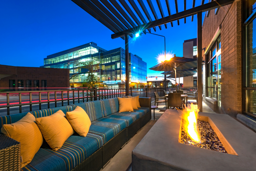 Outdoor patio and fireplace at the Hyatt Place in Provo.