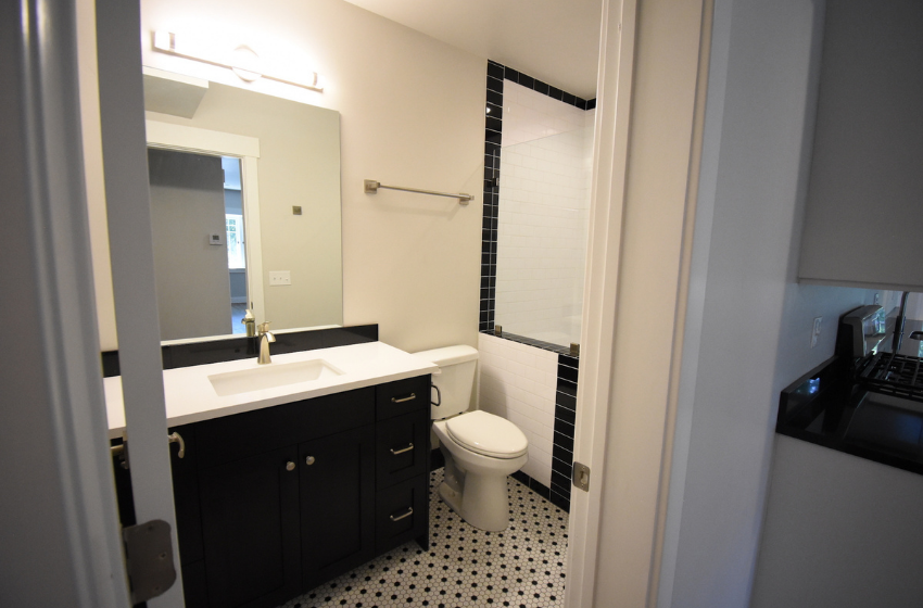 Bathroom and walk-in shower in a Hallady Living apartment in Orem and Provo.